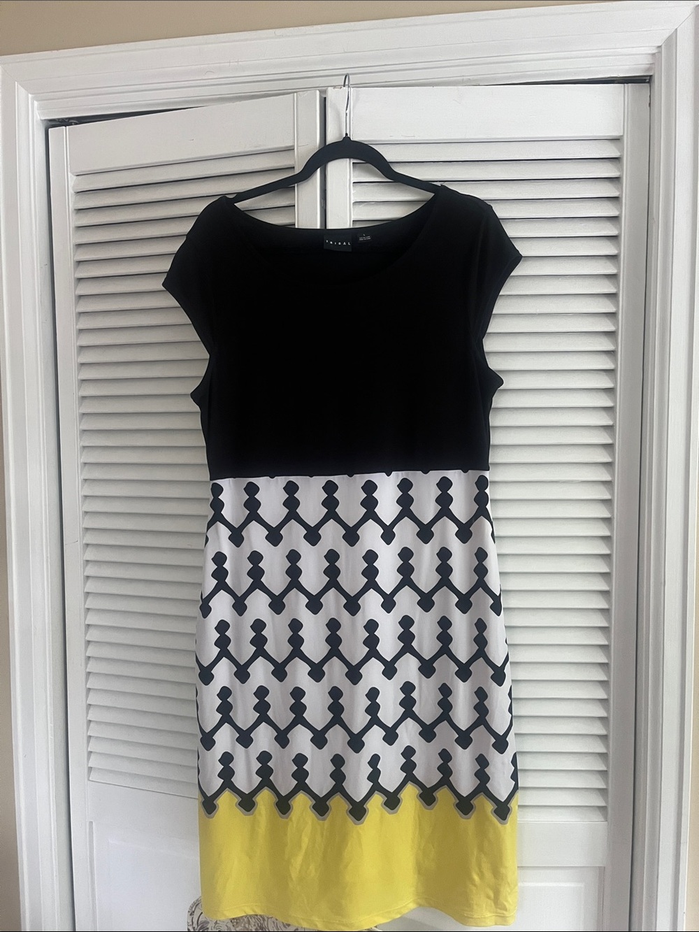 Tribal Black Contrast Cap-Sleeve Dress with Graphic Skirt and Yellow Hem